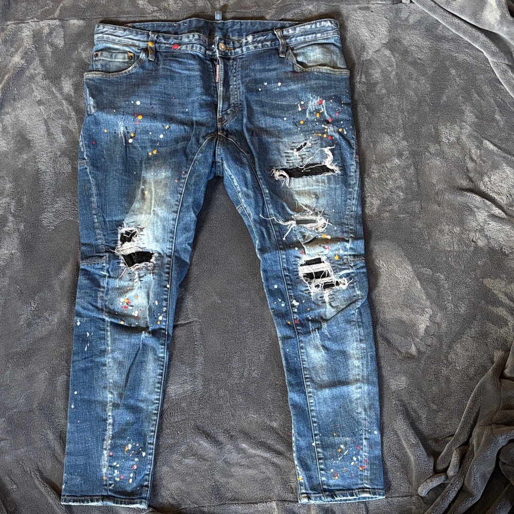 DSQUARED2 Distressed Blue Skinny Jeans with Multicolor Paint Splatter